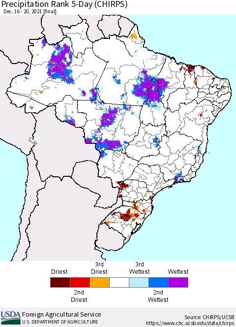 Brazil Precipitation Rank since 1981, 5-Day (CHIRPS) Thematic Map For 12/16/2021 - 12/20/2021