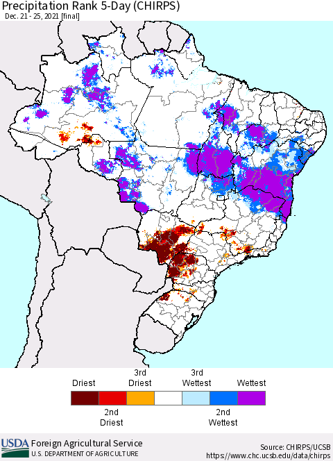 Brazil Precipitation Rank since 1981, 5-Day (CHIRPS) Thematic Map For 12/21/2021 - 12/25/2021