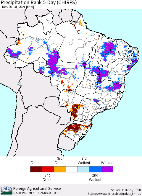 Brazil Precipitation Rank since 1981, 5-Day (CHIRPS) Thematic Map For 12/26/2021 - 12/31/2021