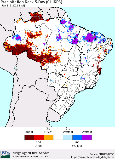 Brazil Precipitation Rank since 1981, 5-Day (CHIRPS) Thematic Map For 1/1/2022 - 1/5/2022