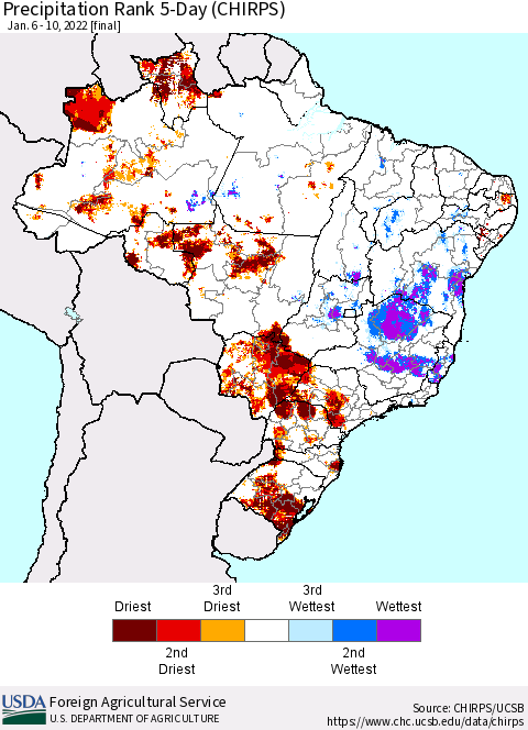Brazil Precipitation Rank since 1981, 5-Day (CHIRPS) Thematic Map For 1/6/2022 - 1/10/2022