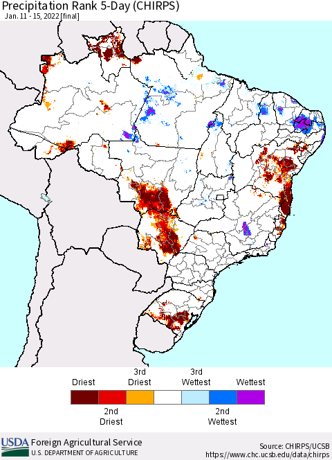 Brazil Precipitation Rank since 1981, 5-Day (CHIRPS) Thematic Map For 1/11/2022 - 1/15/2022