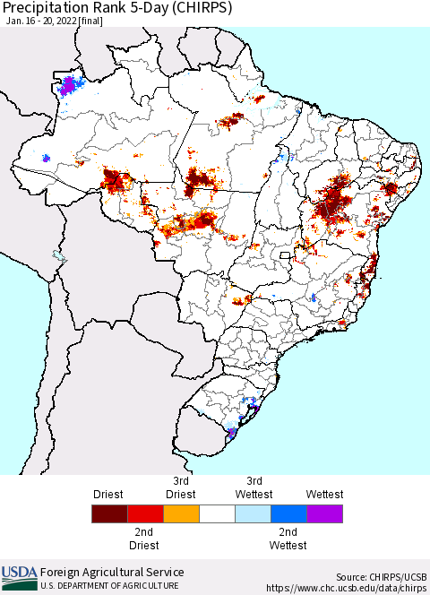 Brazil Precipitation Rank since 1981, 5-Day (CHIRPS) Thematic Map For 1/16/2022 - 1/20/2022