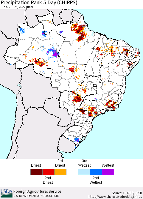 Brazil Precipitation Rank since 1981, 5-Day (CHIRPS) Thematic Map For 1/21/2022 - 1/25/2022