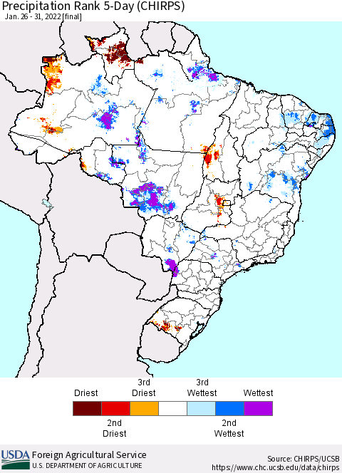 Brazil Precipitation Rank since 1981, 5-Day (CHIRPS) Thematic Map For 1/26/2022 - 1/31/2022