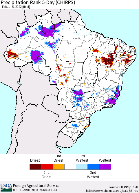 Brazil Precipitation Rank since 1981, 5-Day (CHIRPS) Thematic Map For 2/1/2022 - 2/5/2022