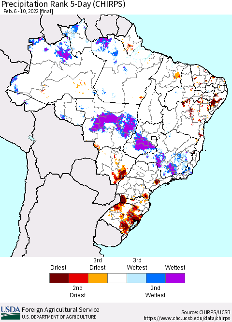 Brazil Precipitation Rank since 1981, 5-Day (CHIRPS) Thematic Map For 2/6/2022 - 2/10/2022