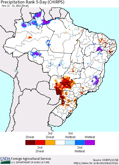 Brazil Precipitation Rank since 1981, 5-Day (CHIRPS) Thematic Map For 2/11/2022 - 2/15/2022