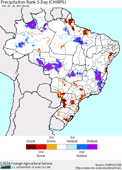 Brazil Precipitation Rank since 1981, 5-Day (CHIRPS) Thematic Map For 2/16/2022 - 2/20/2022