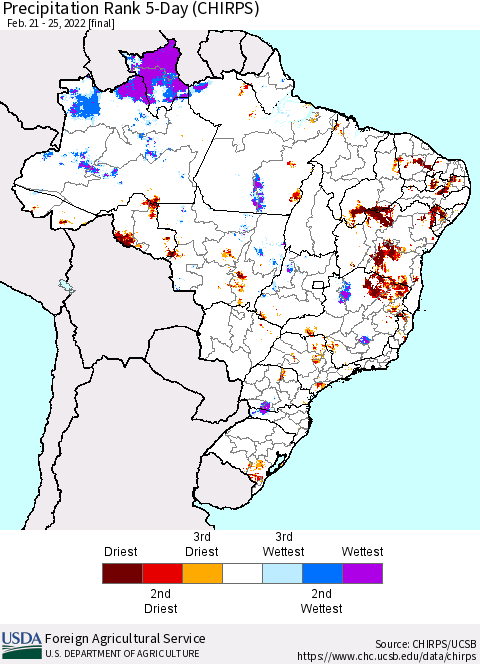 Brazil Precipitation Rank since 1981, 5-Day (CHIRPS) Thematic Map For 2/21/2022 - 2/25/2022