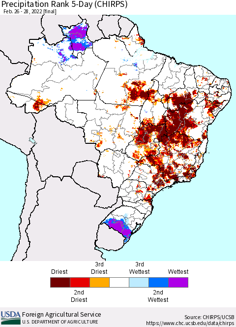 Brazil Precipitation Rank since 1981, 5-Day (CHIRPS) Thematic Map For 2/26/2022 - 2/28/2022