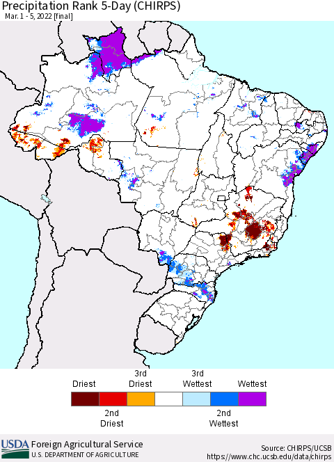 Brazil Precipitation Rank since 1981, 5-Day (CHIRPS) Thematic Map For 3/1/2022 - 3/5/2022