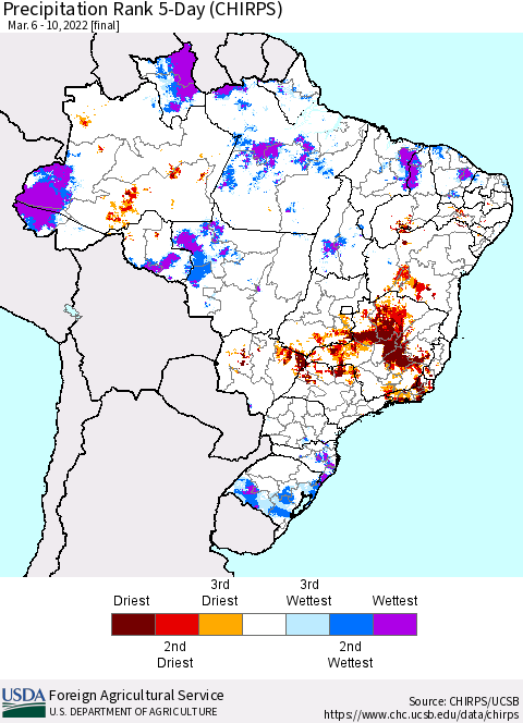 Brazil Precipitation Rank since 1981, 5-Day (CHIRPS) Thematic Map For 3/6/2022 - 3/10/2022