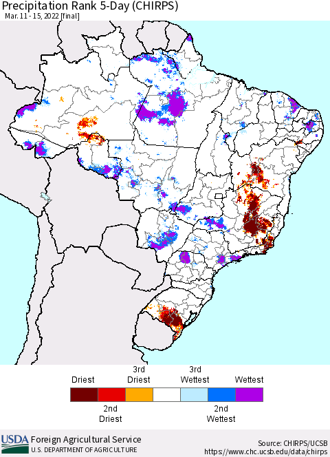 Brazil Precipitation Rank since 1981, 5-Day (CHIRPS) Thematic Map For 3/11/2022 - 3/15/2022