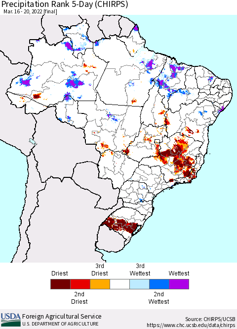Brazil Precipitation Rank since 1981, 5-Day (CHIRPS) Thematic Map For 3/16/2022 - 3/20/2022
