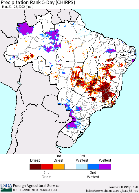 Brazil Precipitation Rank since 1981, 5-Day (CHIRPS) Thematic Map For 3/21/2022 - 3/25/2022