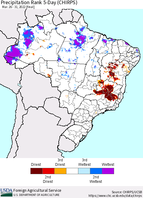 Brazil Precipitation Rank since 1981, 5-Day (CHIRPS) Thematic Map For 3/26/2022 - 3/31/2022
