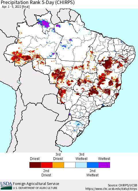 Brazil Precipitation Rank since 1981, 5-Day (CHIRPS) Thematic Map For 4/1/2022 - 4/5/2022