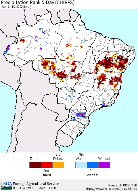 Brazil Precipitation Rank since 1981, 5-Day (CHIRPS) Thematic Map For 4/6/2022 - 4/10/2022