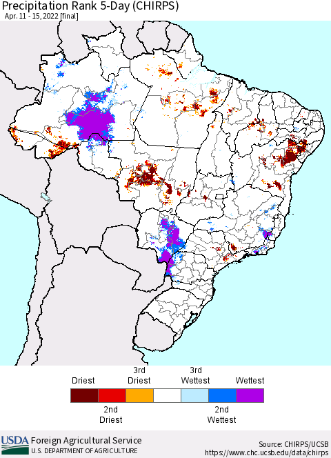 Brazil Precipitation Rank since 1981, 5-Day (CHIRPS) Thematic Map For 4/11/2022 - 4/15/2022