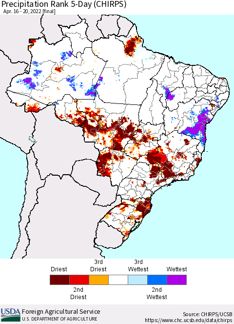 Brazil Precipitation Rank since 1981, 5-Day (CHIRPS) Thematic Map For 4/16/2022 - 4/20/2022