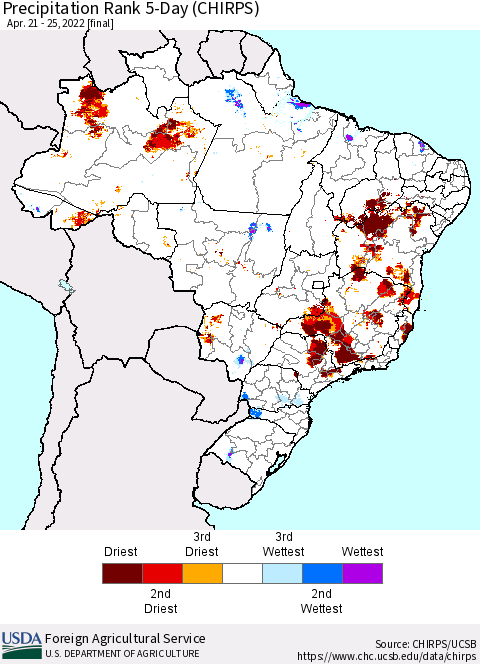 Brazil Precipitation Rank since 1981, 5-Day (CHIRPS) Thematic Map For 4/21/2022 - 4/25/2022