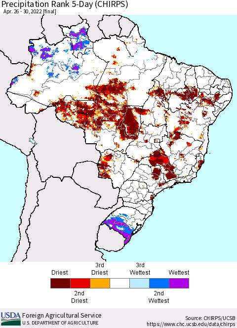 Brazil Precipitation Rank since 1981, 5-Day (CHIRPS) Thematic Map For 4/26/2022 - 4/30/2022
