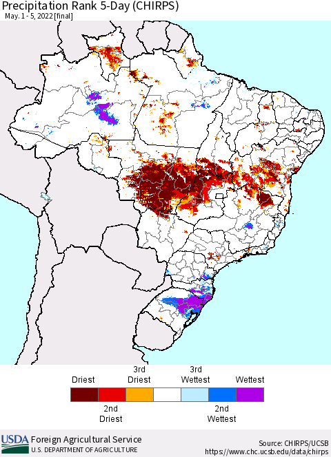 Brazil Precipitation Rank since 1981, 5-Day (CHIRPS) Thematic Map For 5/1/2022 - 5/5/2022