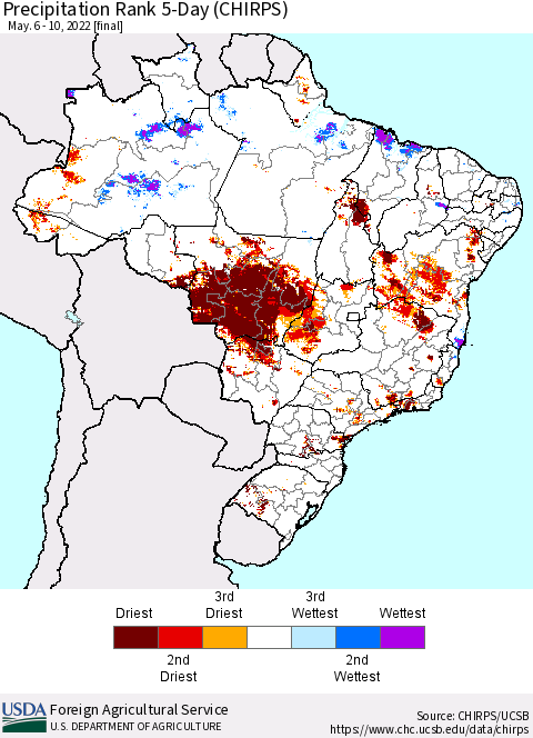 Brazil Precipitation Rank since 1981, 5-Day (CHIRPS) Thematic Map For 5/6/2022 - 5/10/2022