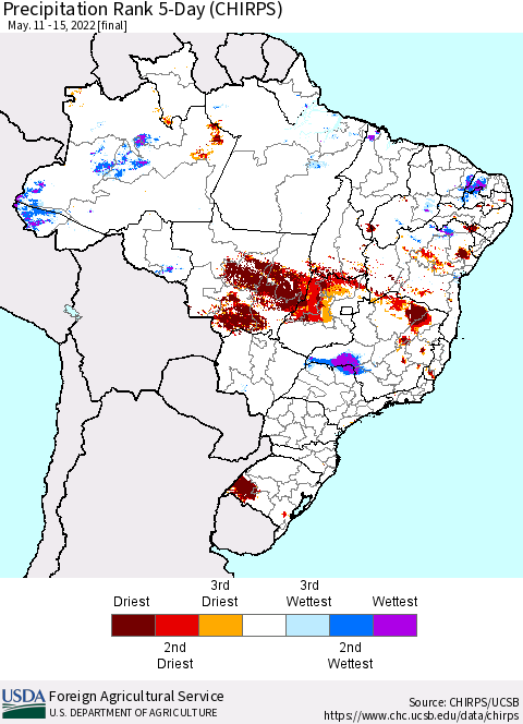 Brazil Precipitation Rank since 1981, 5-Day (CHIRPS) Thematic Map For 5/11/2022 - 5/15/2022