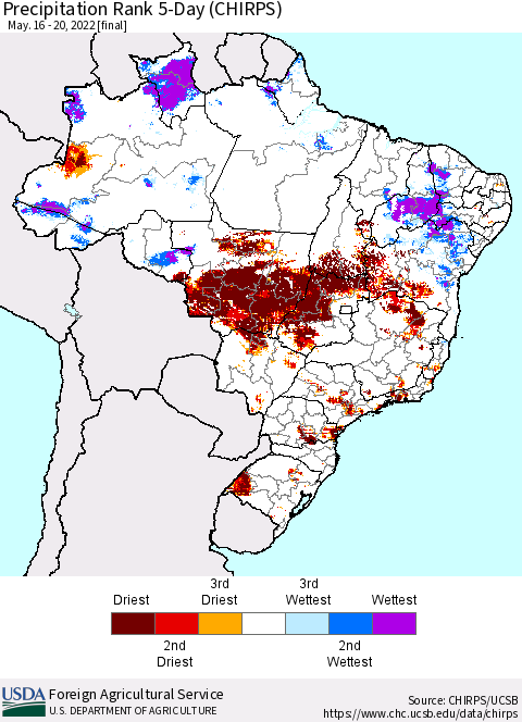 Brazil Precipitation Rank since 1981, 5-Day (CHIRPS) Thematic Map For 5/16/2022 - 5/20/2022