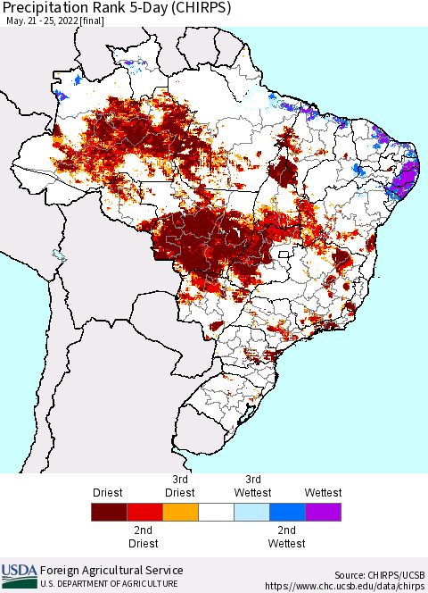 Brazil Precipitation Rank since 1981, 5-Day (CHIRPS) Thematic Map For 5/21/2022 - 5/25/2022
