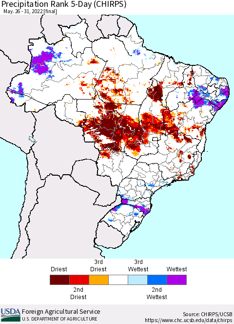 Brazil Precipitation Rank since 1981, 5-Day (CHIRPS) Thematic Map For 5/26/2022 - 5/31/2022