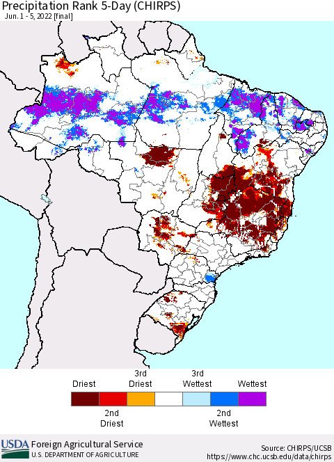 Brazil Precipitation Rank since 1981, 5-Day (CHIRPS) Thematic Map For 6/1/2022 - 6/5/2022