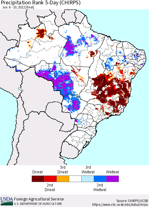 Brazil Precipitation Rank since 1981, 5-Day (CHIRPS) Thematic Map For 6/6/2022 - 6/10/2022