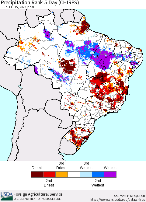 Brazil Precipitation Rank since 1981, 5-Day (CHIRPS) Thematic Map For 6/11/2022 - 6/15/2022
