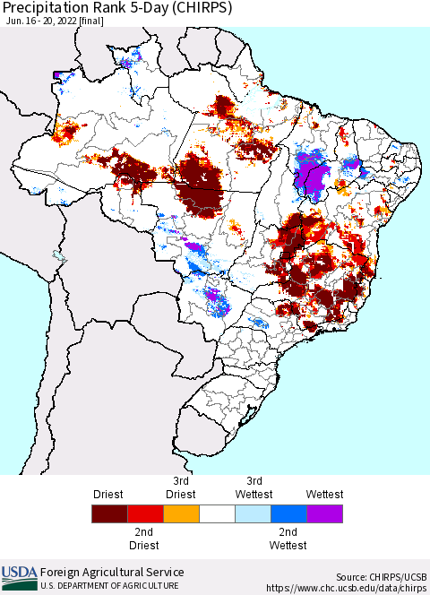 Brazil Precipitation Rank since 1981, 5-Day (CHIRPS) Thematic Map For 6/16/2022 - 6/20/2022