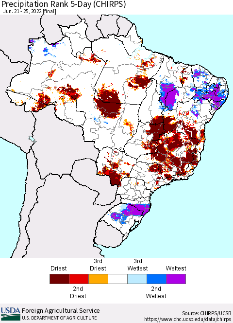 Brazil Precipitation Rank since 1981, 5-Day (CHIRPS) Thematic Map For 6/21/2022 - 6/25/2022