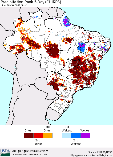 Brazil Precipitation Rank since 1981, 5-Day (CHIRPS) Thematic Map For 6/26/2022 - 6/30/2022