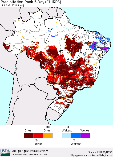 Brazil Precipitation Rank since 1981, 5-Day (CHIRPS) Thematic Map For 7/1/2022 - 7/5/2022