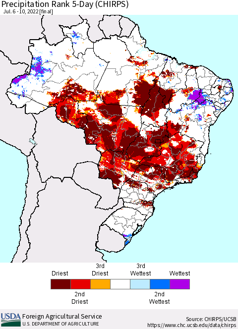Brazil Precipitation Rank since 1981, 5-Day (CHIRPS) Thematic Map For 7/6/2022 - 7/10/2022