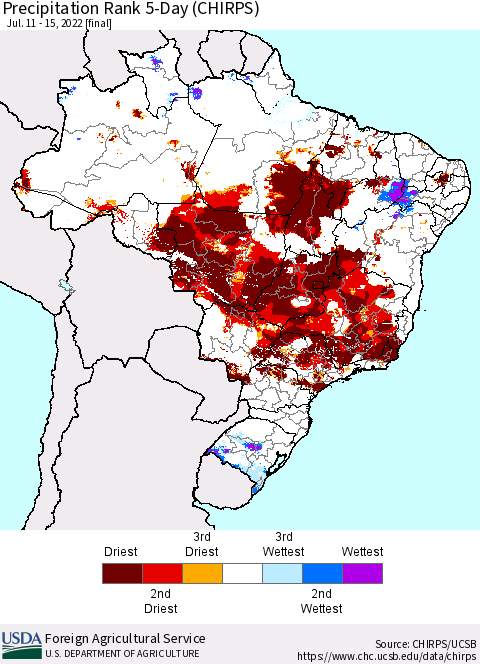 Brazil Precipitation Rank since 1981, 5-Day (CHIRPS) Thematic Map For 7/11/2022 - 7/15/2022
