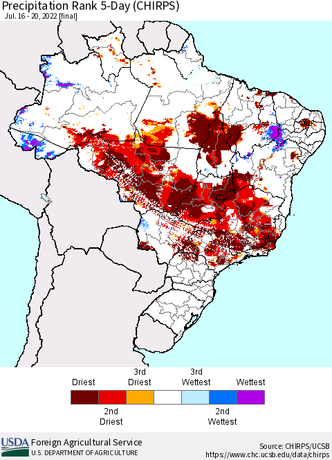 Brazil Precipitation Rank since 1981, 5-Day (CHIRPS) Thematic Map For 7/16/2022 - 7/20/2022