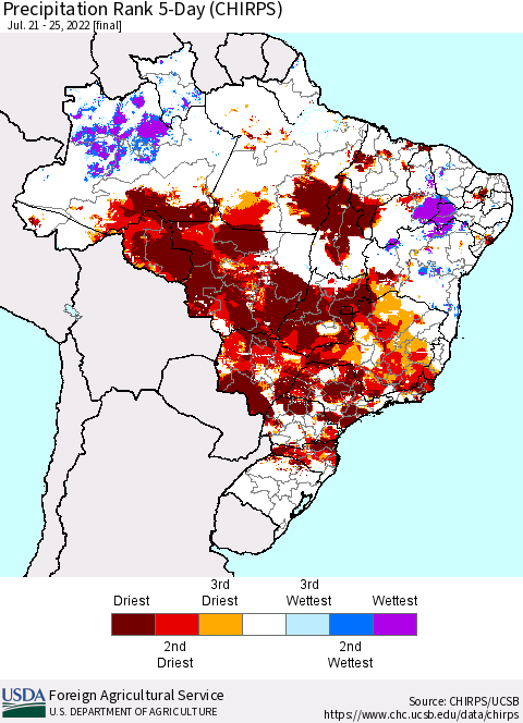 Brazil Precipitation Rank since 1981, 5-Day (CHIRPS) Thematic Map For 7/21/2022 - 7/25/2022