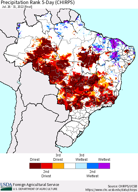 Brazil Precipitation Rank since 1981, 5-Day (CHIRPS) Thematic Map For 7/26/2022 - 7/31/2022