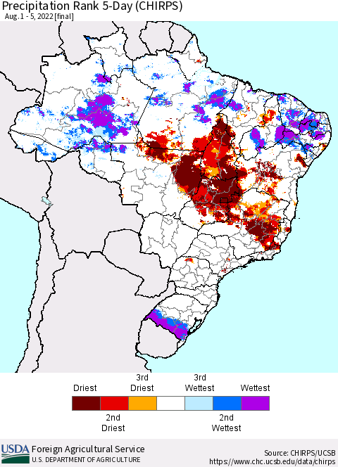 Brazil Precipitation Rank since 1981, 5-Day (CHIRPS) Thematic Map For 8/1/2022 - 8/5/2022
