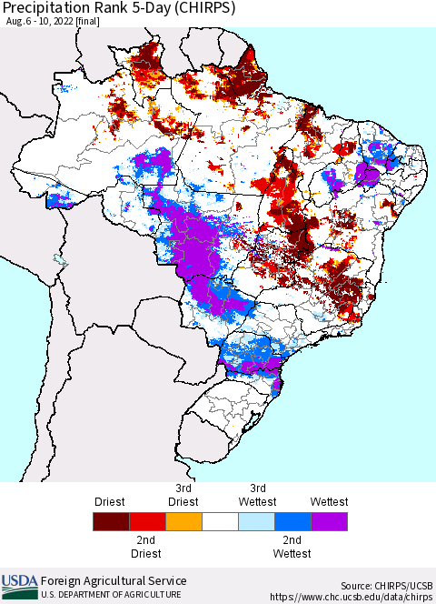 Brazil Precipitation Rank since 1981, 5-Day (CHIRPS) Thematic Map For 8/6/2022 - 8/10/2022