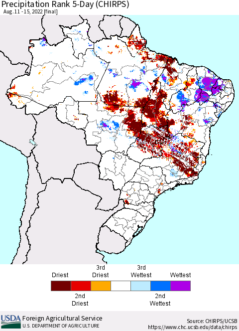 Brazil Precipitation Rank since 1981, 5-Day (CHIRPS) Thematic Map For 8/11/2022 - 8/15/2022