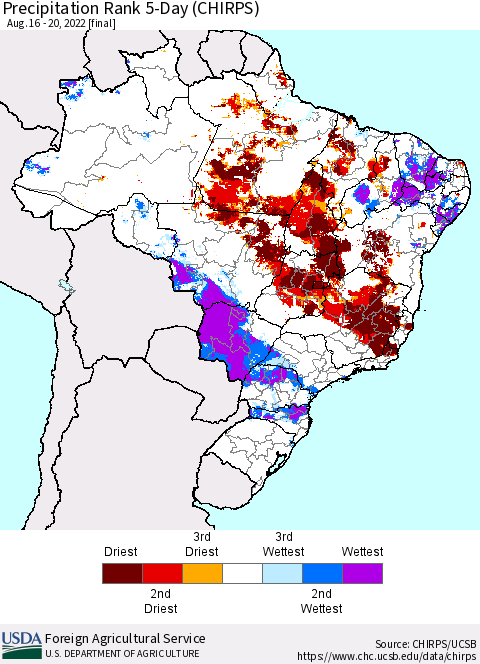 Brazil Precipitation Rank since 1981, 5-Day (CHIRPS) Thematic Map For 8/16/2022 - 8/20/2022
