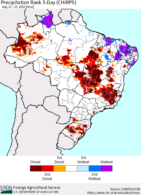 Brazil Precipitation Rank since 1981, 5-Day (CHIRPS) Thematic Map For 8/21/2022 - 8/25/2022